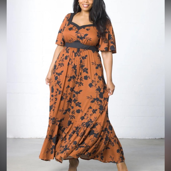 Kiyonna Brown Icon Floral Flowy sweetheart Neck Maxi Dress Women’s Plus Sz 2X - Picture 1 of 7